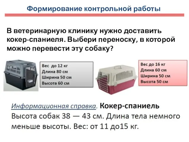 Формирование контрольной работы В ветеринарную клинику нужно доставить кокер-спаниеля. Выбери переноску,