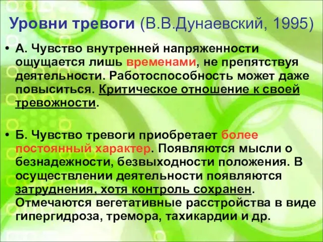 Уровни тревоги (В.В.Дунаевский, 1995) А. Чувство внутренней напряженности ощущается лишь временами,