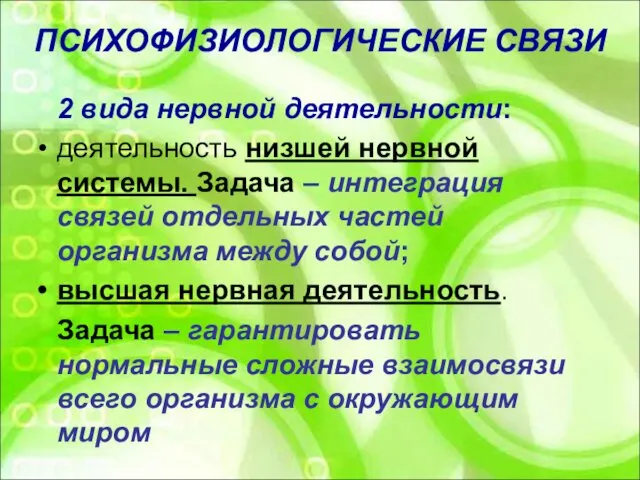 ПСИХОФИЗИОЛОГИЧЕСКИЕ СВЯЗИ 2 вида нервной деятельности: деятельность низшей нервной системы. Задача