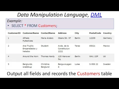 Data Manipulation Language, DML Example: SELECT * FROM Customers; Output all