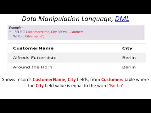 Example: SELECT CustomerName, City FROM Customers WHERE City=‘Berlin'; Shows records CustomerName,