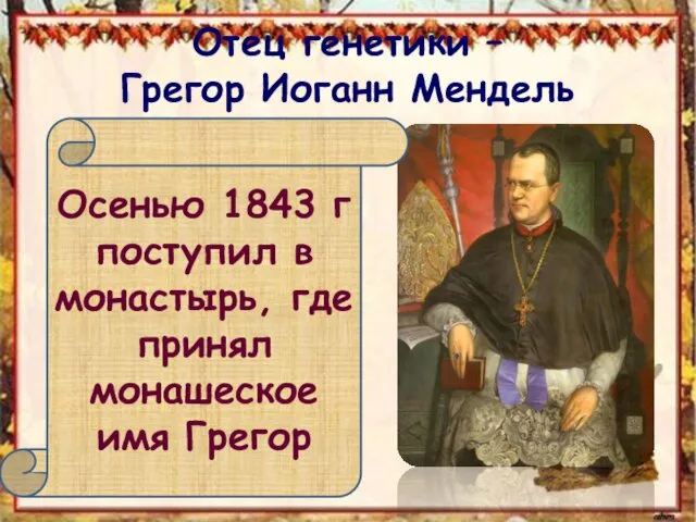 Отец генетики – Грегор Иоганн Мендель Осенью 1843 г поступил в