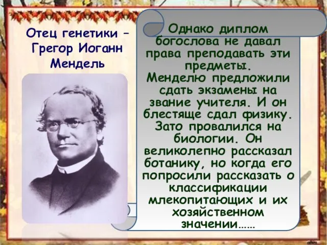 Отец генетики – Грегор Иоганн Мендель Однако диплом богослова не давал