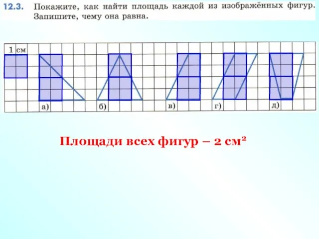 Площади всех фигур – 2 см2