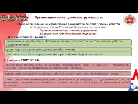 Организационно-методическое руководство Общее организационно-методическое руководство психологической работой в Вооруженных Силах Российской