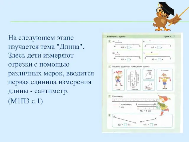 На следующем этапе изучается тема "Длина". Здесь дети измеряют отрезки с