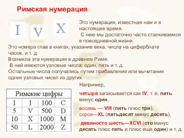 Римская нумерация Это номера глав в книгах, указание века, числа на