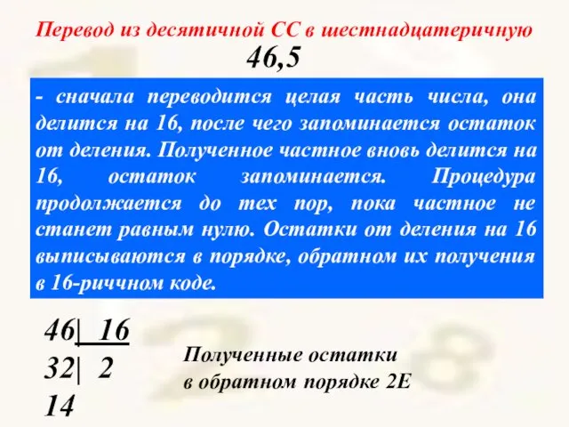 - сначала переводится целая часть числа, она делится на 16, после