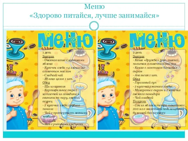 Меню «Здорово питайся, лучше занимайся» 2 день Завтрак - Каша «дружба»