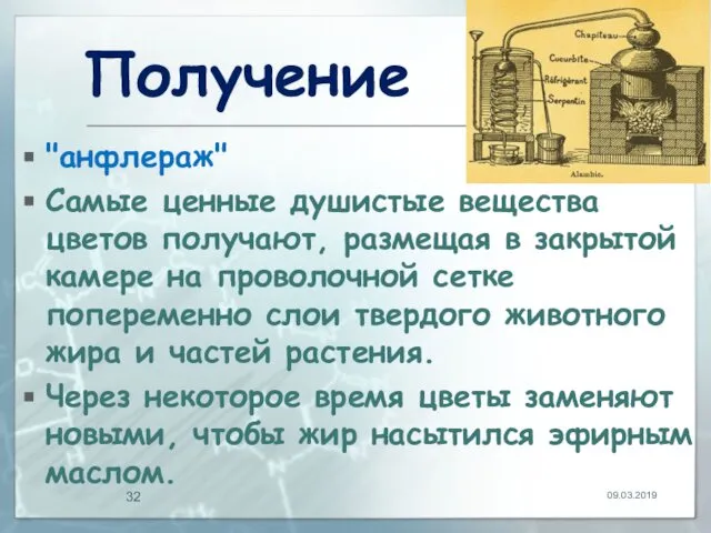 Получение "анфлераж" Самые ценные душистые вещества цветов получают, размещая в закрытой