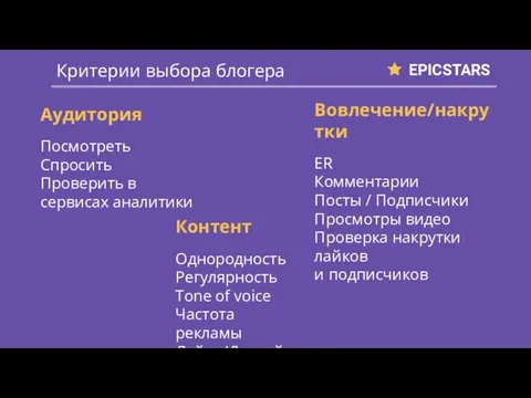 EPICSTARS Критерии выбора блогера Аудитория Посмотреть Спросить Проверить в сервисах аналитики