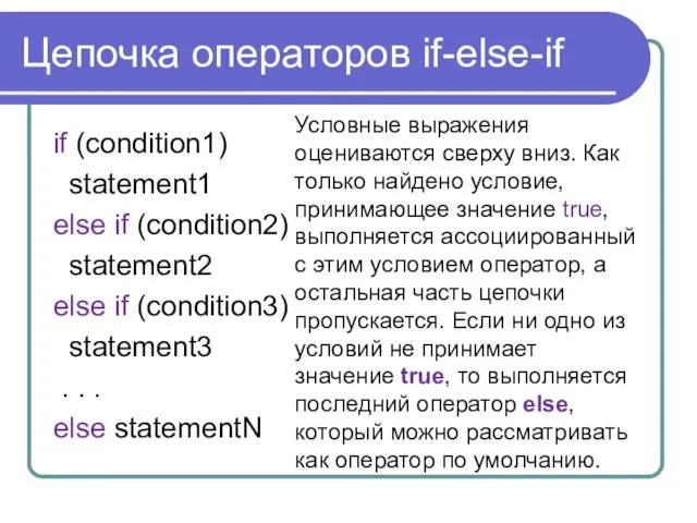 Цепочка операторов if-else-if if (condition1) statement1 else if (condition2) statement2 else