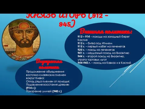 КНЯЗЬ ИГОРЬ (912 – 945) Внешняя политика: 913 – 914 –