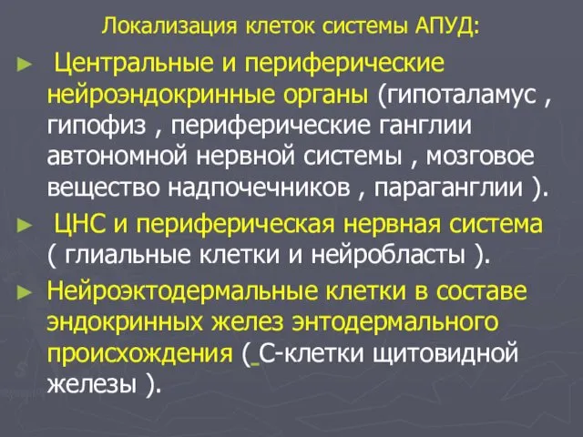 Локализация клеток системы АПУД: Центральные и периферические нейроэндокринные органы (гипоталамус ,