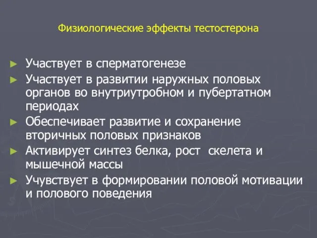 Физиологические эффекты тестостерона Участвует в сперматогенезе Участвует в развитии наружных половых