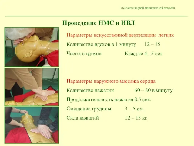 Оказание первой медицинской помощи Проведение НМС и ИВЛ Параметры искусственной вентиляции