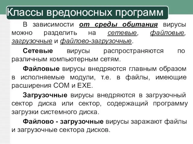 В зависимости от среды обитания вирусы можно разделить на сетевые, файловые,