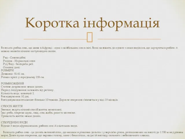 Коротка інформація Волохата рибна сова, що живе в Африці - одна