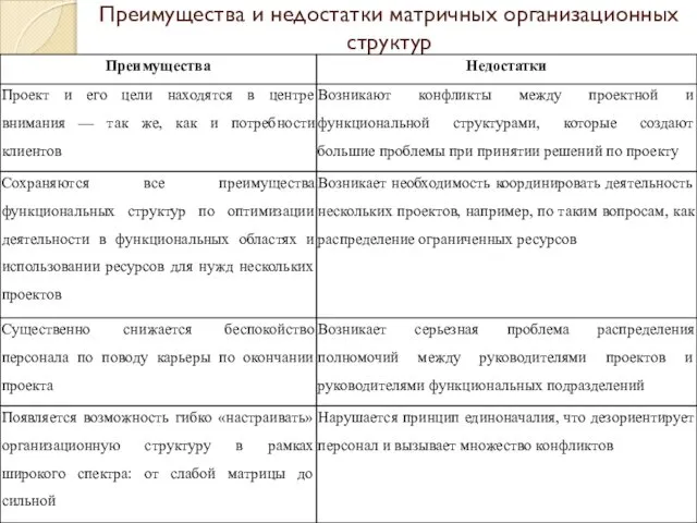 Преимущества и недостатки матричных организационных структур