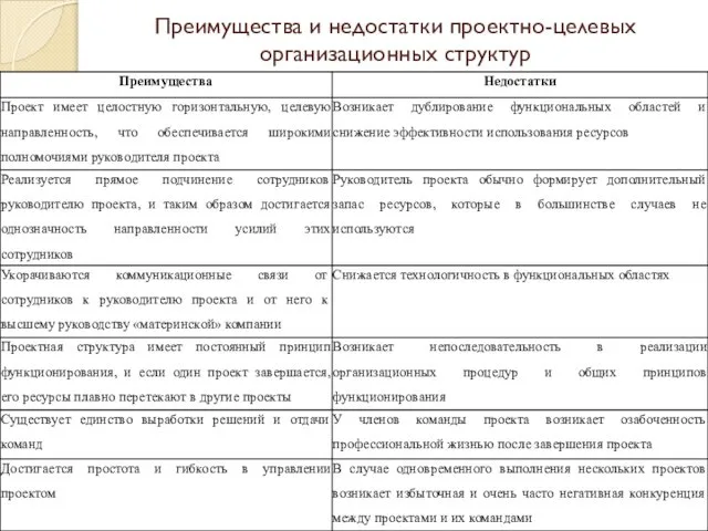 Преимущества и недостатки проектно-целевых организационных структур