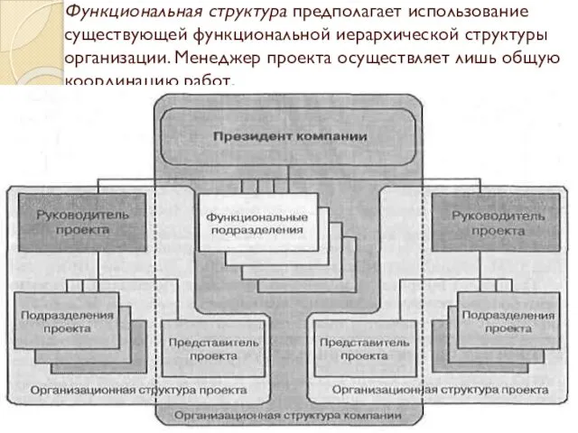 Функциональная структура предполагает использование существующей функциональной иерархической структуры организации. Менеджер проекта осуществляет лишь общую координацию работ.