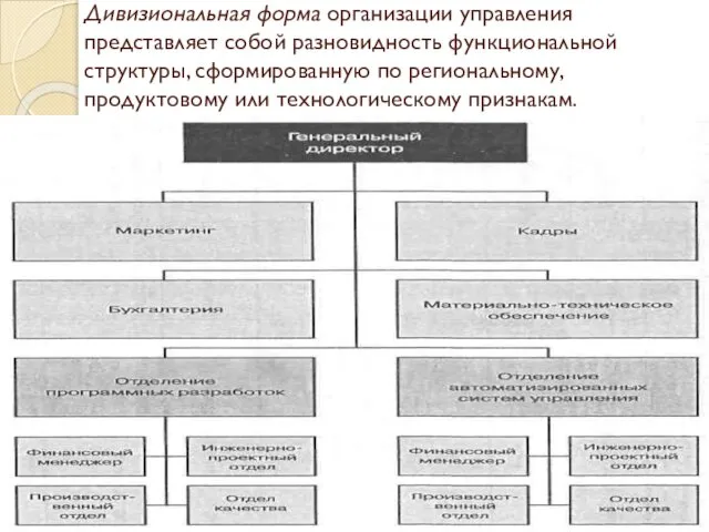 Дивизиональная форма организации управления представляет собой разновидность функциональной структуры, сформированную по региональному, продуктовому или технологическому признакам.