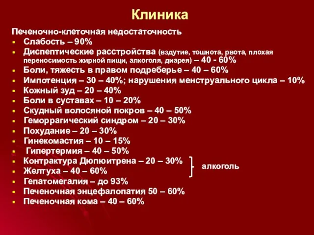 Клиника Печеночно-клеточная недостаточность Слабость – 90% Диспептические расстройства (вздутие, тошнота, рвота,