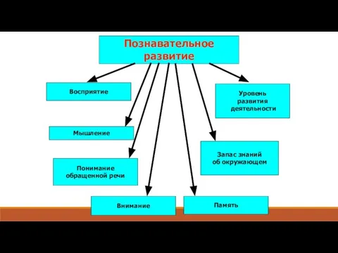 Познавательное развитие Восприятие Запас знаний об окружающем Уровень развития деятельности Мышление Внимание Память Понимание обращенной речи