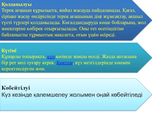 Қолданылуы Терек ағашын құрылыста, жиһаз жасауда пайдаланады. Қағаз, сіріңке жасау өндірісінде