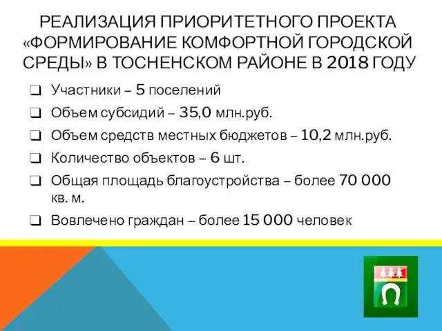 РЕАЛИЗАЦИЯ ПРИОРИТЕТНОГО ПРОЕКТА «ФОРМИРОВАНИЕ КОМФОРТНОЙ ГОРОДСКОЙ СРЕДЫ» В ТОСНЕНСКОМ РАЙОНЕ В