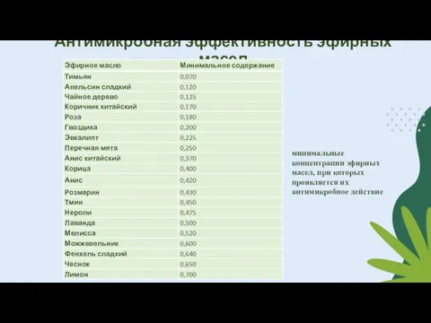 Антимикробная эффективность эфирных масел минимальные концентрации эфирных масел, при которых проявляется их антимикробное действие