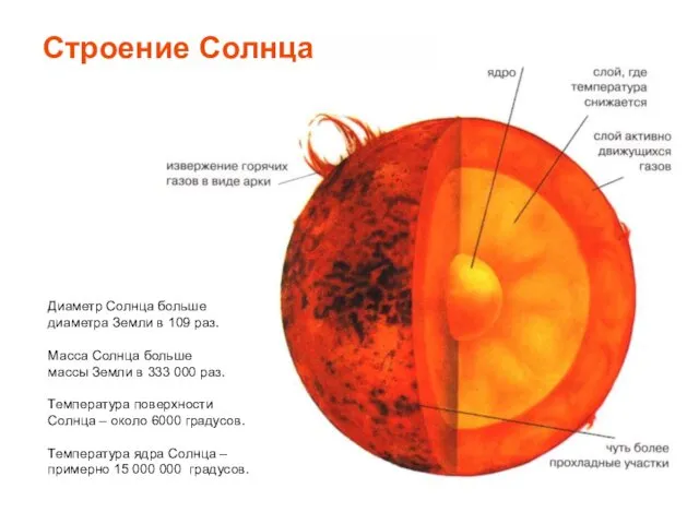 Строение Солнца Диаметр Солнца больше диаметра Земли в 109 раз. Масса