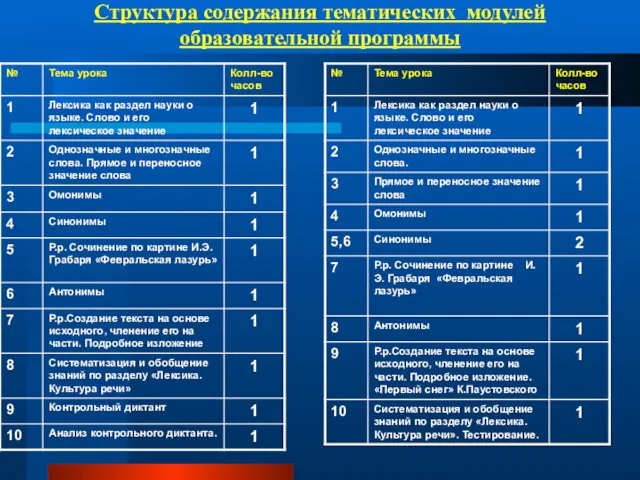 Структура содержания тематических модулей образовательной программы