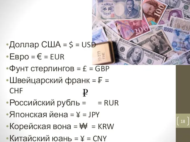 Доллар США = $ = USD Евро = € = EUR