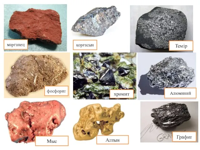 марганец қорғасын Темір фосфорит хромит Алюминий Мыс Алтын Графит