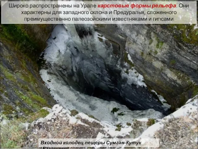 Входной колодец пещеры Сумган-Кутук (Башкирия) Широко распространены на Урале карстовые формы
