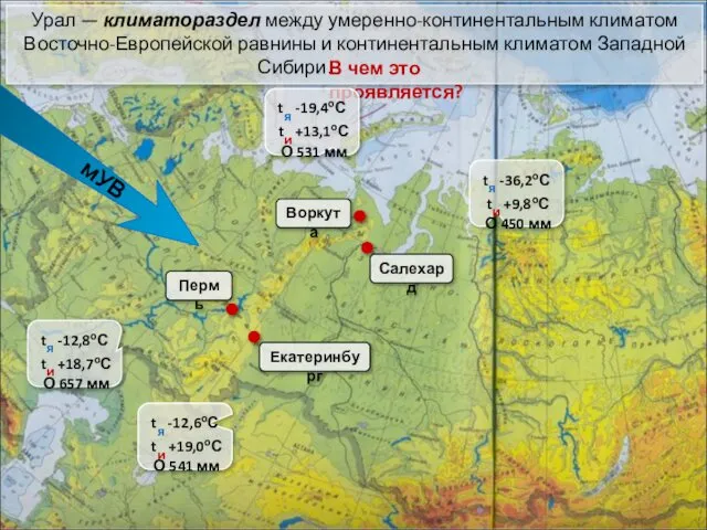 Урал — климатораздел между умеренно-континентальным климатом Восточно-Европейской равнины и континентальным климатом