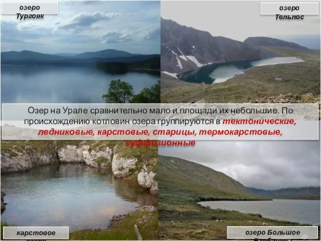 Озер на Урале сравнительно мало и площади их небольшие. По происхождению