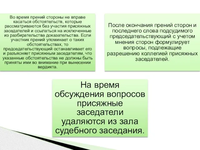 Во время прений стороны не вправе касаться обстоятельств, которые рассматриваются без