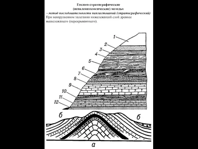 Геолого-стратиграфические (непалеонтологические) методы: - метод последовательности напластований (стратиграфический) При ненарушенном залегании нижележащий слой древнее вышележащего (перекрывающего).