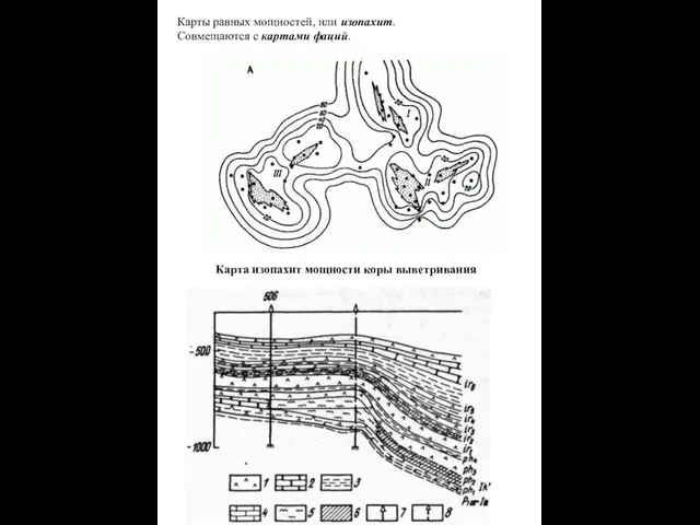 Карты равных мощностей, или изопахит. Совмещаются с картами фаций. Карта изопахит мощности коры выветривания