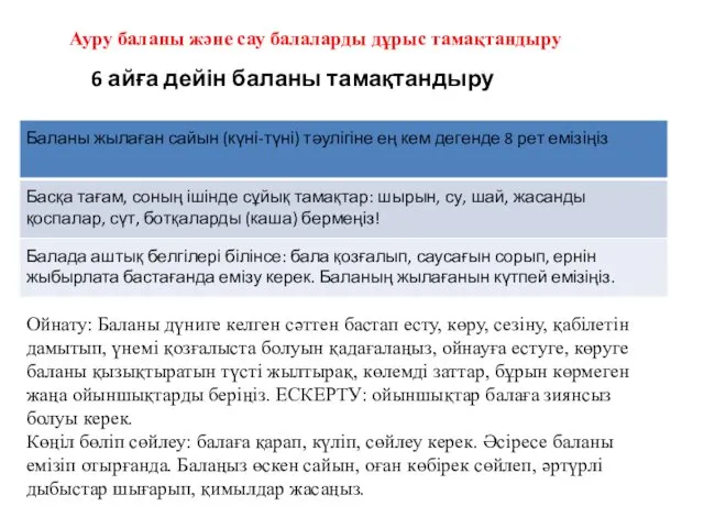 Ауру баланы және сау балаларды дұрыс тамақтандыру 6 айға дейін баланы