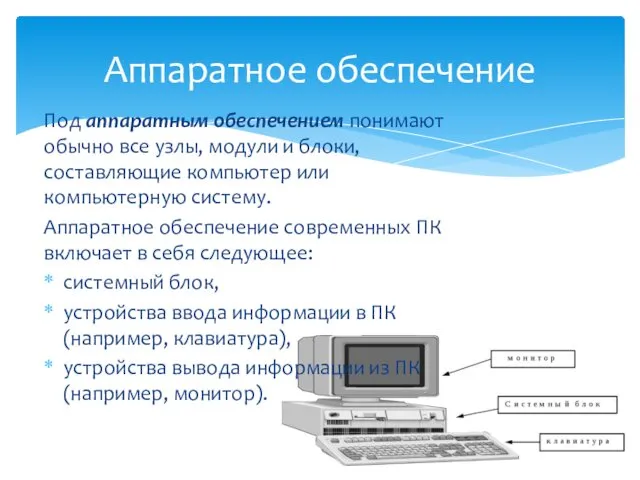 Под аппаратным обеспечением понимают обычно все узлы, модули и блоки, составляющие