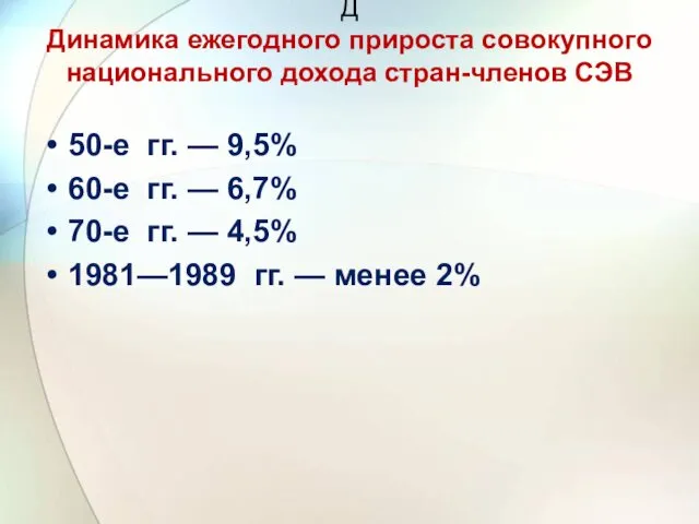 Д Динамика ежегодного прироста совокупного национального дохода стран-членов СЭВ 50-е гг.