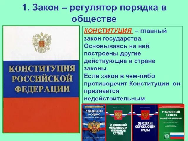 1. Закон – регулятор порядка в обществе КОНСТИТУЦИЯ – главный закон