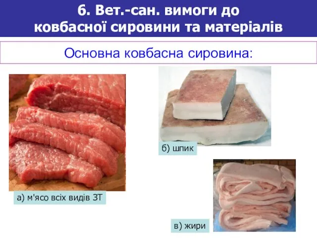 Основна ковбасна сировина: а) м'ясо всіх видів ЗТ б) шпик в)