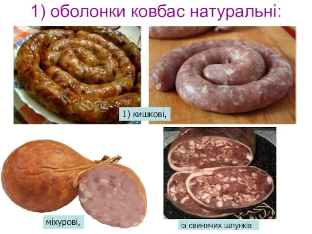 1) оболонки ковбас натуральні: із свинячих шлунків 1) кишкові, міхурові,