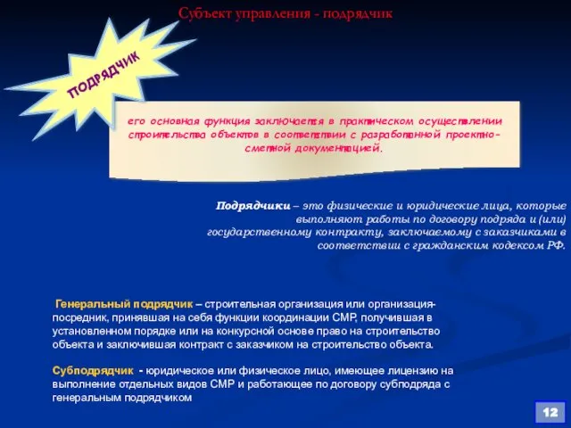 Субъект управления - подрядчик Подрядчики – это физические и юридические лица,