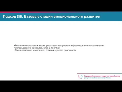 Подход DIR. Базовые стадии эмоционального развития Решение социальных задач, регуляция настроения