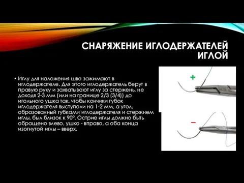 СНАРЯЖЕНИЕ ИГЛОДЕРЖАТЕЛЕЙ ИГЛОЙ + - Иглу для наложения шва зажимают в